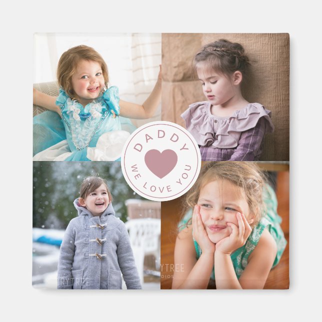 Pappa Vi älskar dig Söt Rosa Hjärtfoto Collage Magnet (Framsidan)