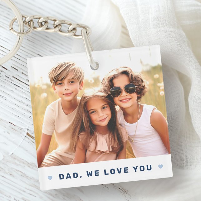 Pappa, vi kärlek, fotohjärtan blå fars dag (Dad we love you photo hearts blue fathers day keychain)