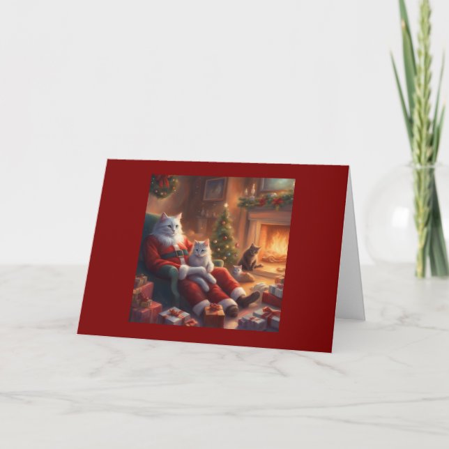 Pappakatt som tomte med kattungar jul kort (Framsida)