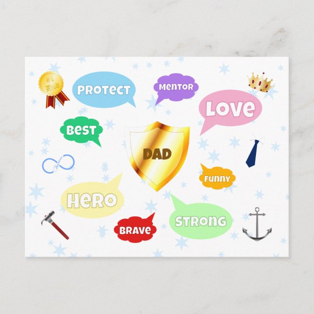 Pappas dag Bästa pappa Ordmoln Kung Krona Kärlek Vykort (Framsida)