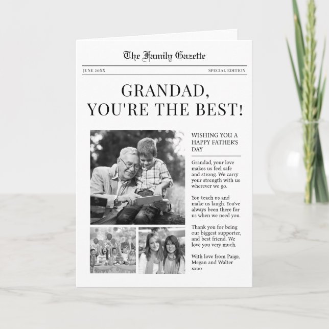 Pappas födelsedagsgratulationskort i tidningsstil helgkort (Framsida)