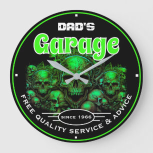 Pappas garage Green Skulls Automotive mekaniker Stor Klocka