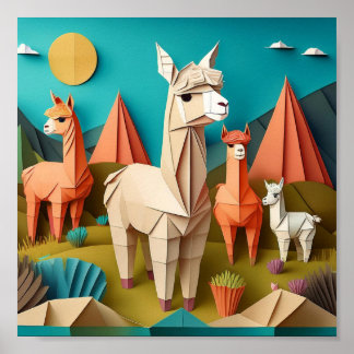 Papper Art Origami Alpacas Scene 3D Poster