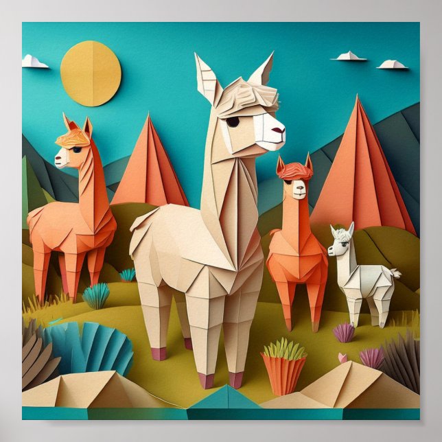 Papper Art Origami Alpacas Scene 3D Poster (Framsidan)