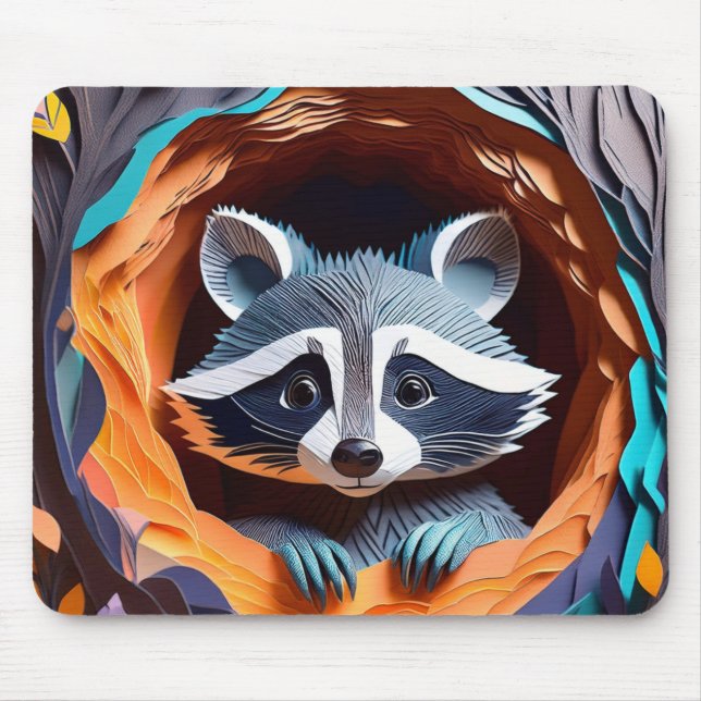 Papper Art Origami Baby Raccoon i Träd 3D Musmatta (Framsidan)