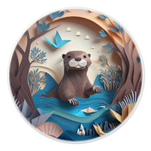 Papper Art Origami Otter i Vatten 3D Knopp