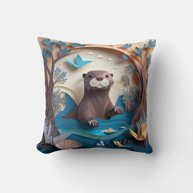 Papper Art Origami Otter i Vatten 3D Kudde (Framsida)