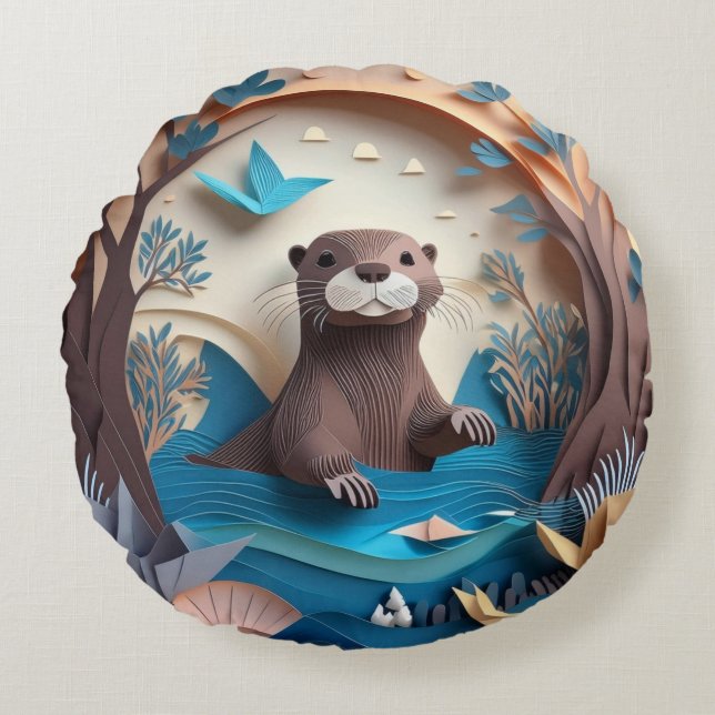 Papper Art Origami Otter i Vatten 3D Rund Kudde (Framsidan)