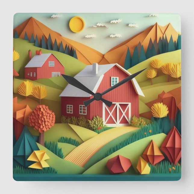 Papper Art Origami Stil-bondhus Scene Fyrkantig Klocka (Framsida)