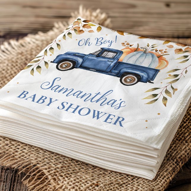 Papper babystövel för Blue Pumpkin Lastbil Pappersservett (Editable Blue Little Pumpkin Truck Baby Shower Paper Napkin, Fall Baby Shower Napkin Boy, )