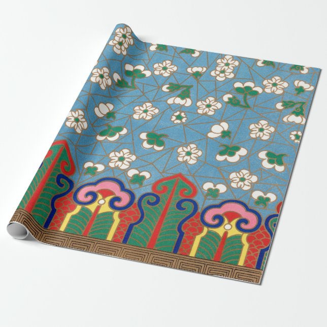 PAPPER BLÅ OCH RÖD I KINESE MÖNSTER PRESENTPAPPER (Utrullad)