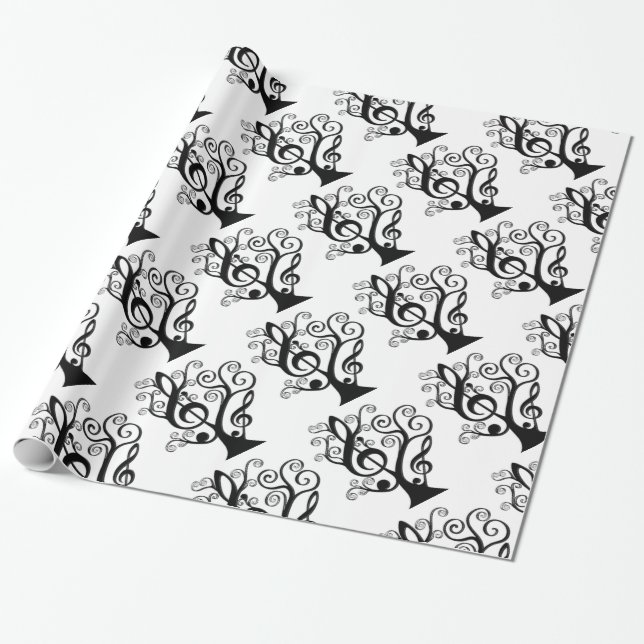 Papper Black & White Music Treble Clef Träd Presentpapper (Utrullad)