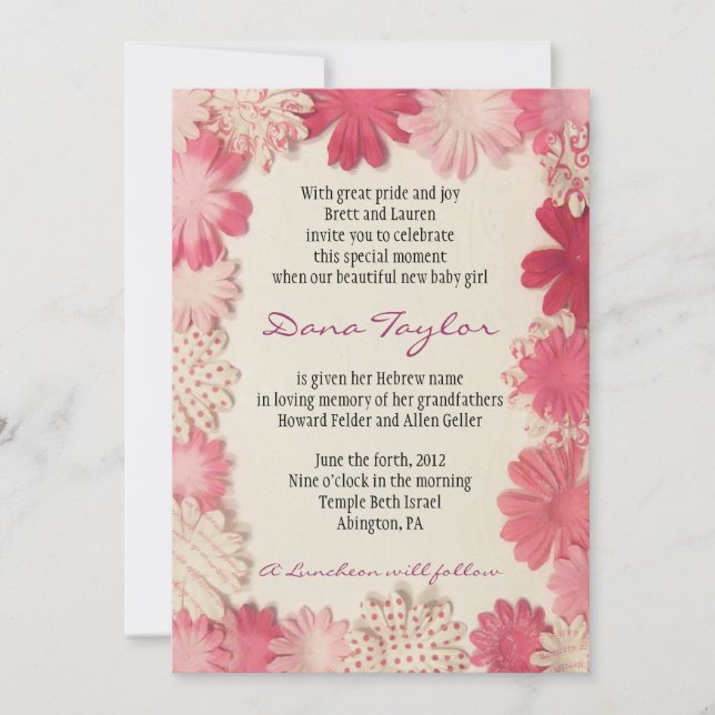 Papper blommar den judiska babyen som namnger inbjudningar (Framsida)