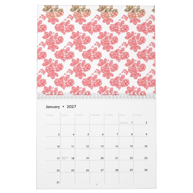 Papper blommigt med ljusröd och rosa kalender (Jan 2027)