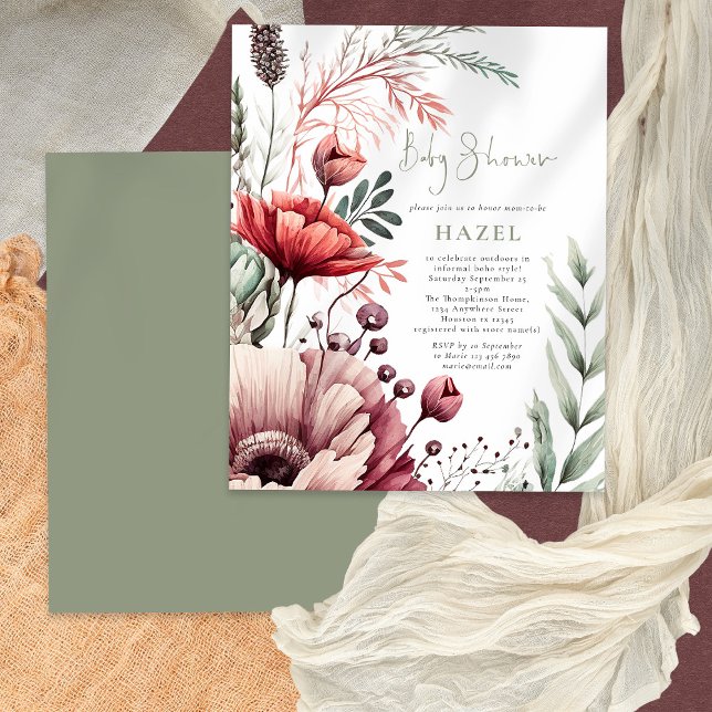 PAPPER Boho Blommigts Burgundy Sage Baby Shower Flygblad (Skapare uppladdad)