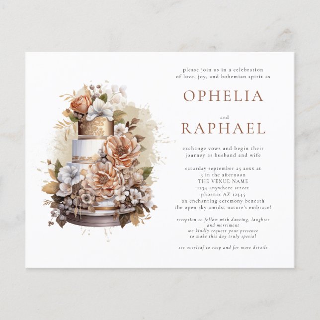 PAPPER Boho Cake Blommigts Bohemian Bröllop Bjud B Flygblad (Framsidan)