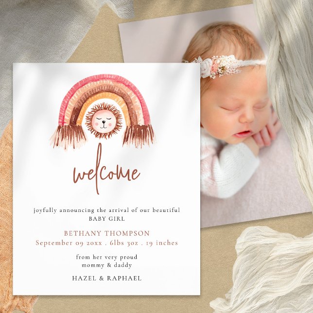 PAPPER | Boho Rainbow Lejon Photo Birth Notice Flygblad (Skapare uppladdad)