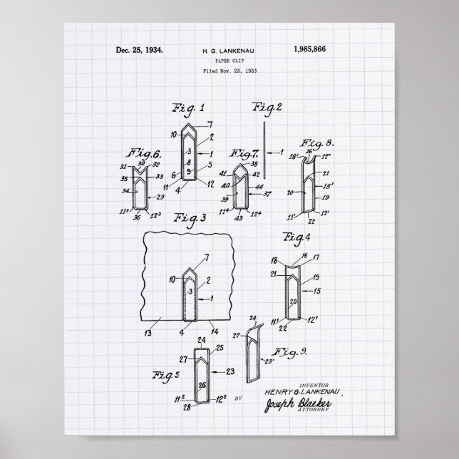 Papper Clip 1933 Patent Art - Lintade peper Poster (Framsidan)