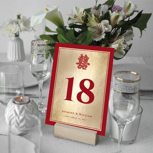 Papper cut Dubbla Xi kinesiska Bröllop Bordsnummer (Red/Gold Paper Cut Double Happiness Chinese Wedding 5" x 7" Table Number Card @ fatfatin_red_knot)