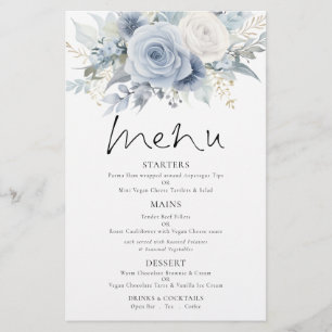 PAPPER Dusty Blue Blommigts Bröllop Menu Flygblad