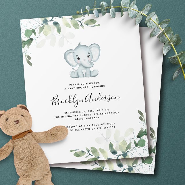 PAPPER Elefant Eukalyptus Baby Shower Inbjudan Flygblad (Skapare uppladdad)
