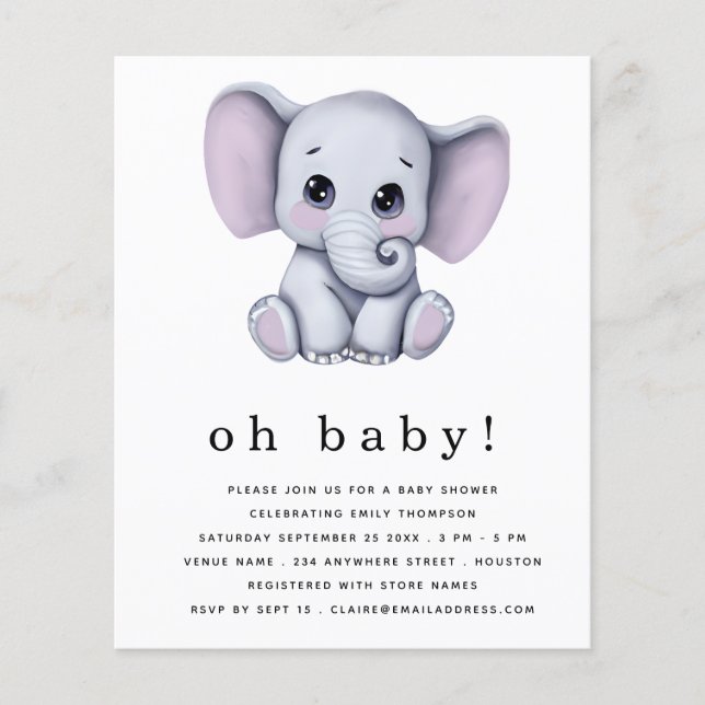 PAPPER elefant Kön Neutral babystötare Inbjudan Flygblad (Framsidan)