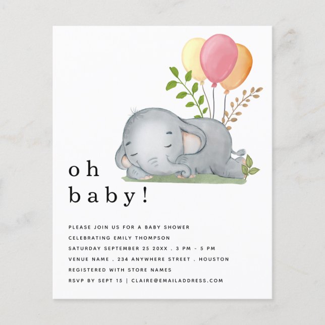 PAPPER | Elephant Rosa Girl Baby Shower Inbjudan Flygblad (Framsidan)