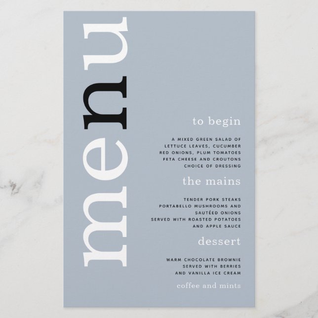 PAPPER enkel Dusty Blue Typography Bröllop Menu Flygblad (Framsidan)