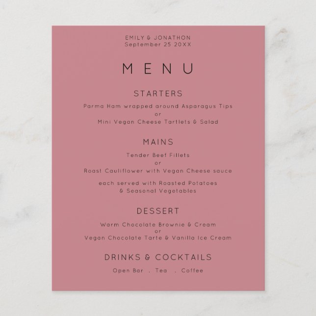 PAPPER | Enkel text Dusty Ro Rosa Bröllop Menu Flygblad (Framsidan)