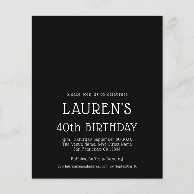 PAPPER enkel text vit svart 40:e födelsedag Party Flygblad (Framsidan)