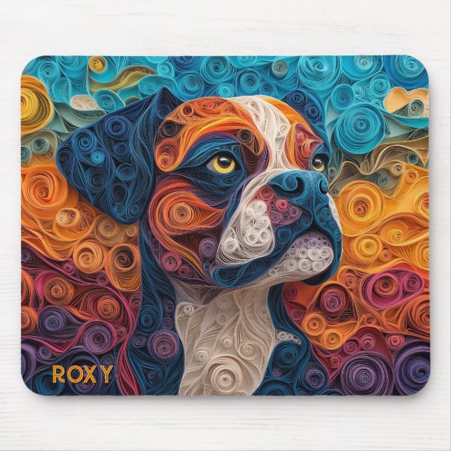 Papper färgstark boxer Quilling Hund Porträtt Musmatta (Framsidan)