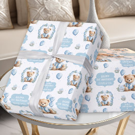 Papper för att stänga av Cute Bear Blue Boy Birthd Presentpapper