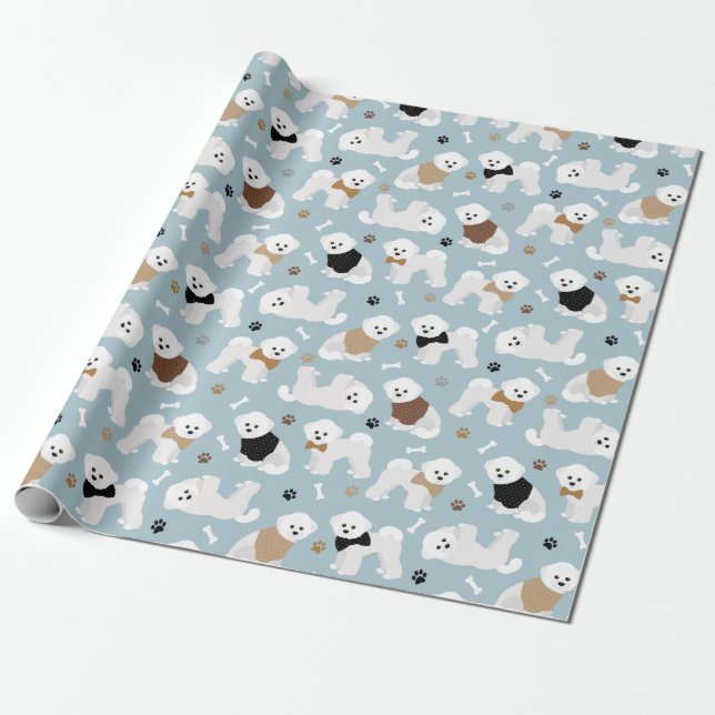 Papper för bichon Frise Bones och Tass Blue Wrappi Presentpapper (Utrullad)