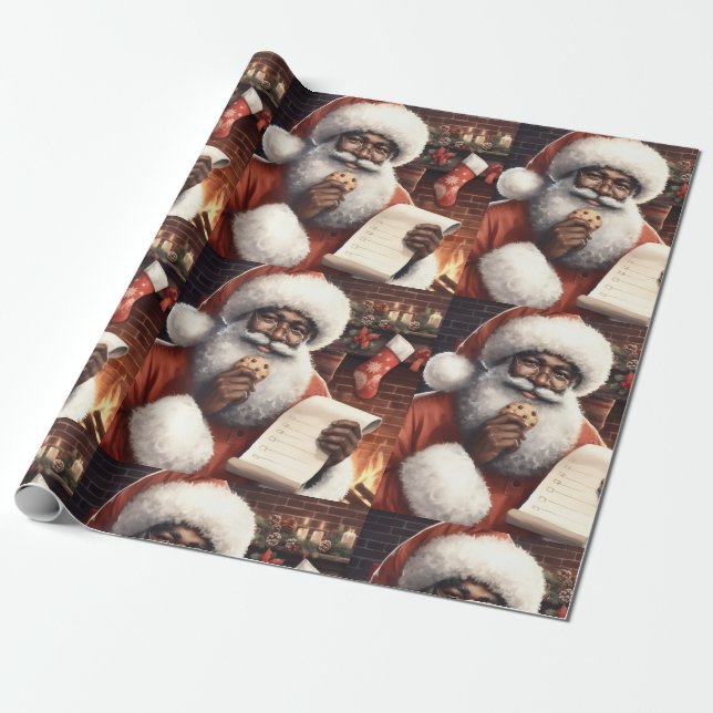 Papper för Black Santa Wrapping Presentpapper (Utrullad)