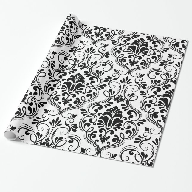 Papper för chic Damask Black & White Wrapping Presentpapper (Utrullad)