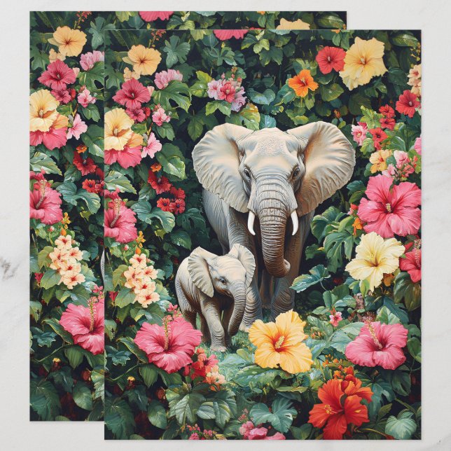 Papper för Elephant and Calf Hibiscus Flowers Scra (Fram/baksida)