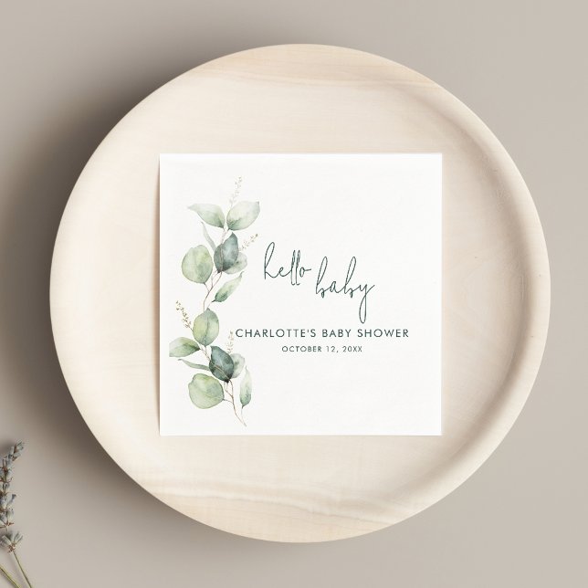 Papper för Eucalyptus botaniska skript babyskor Pappersservett (Eucalyptus Watercolor Script Baby Shower Paper Napkin)