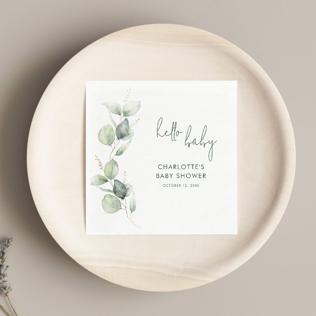 Papper för Eucalyptus botaniska skript babyskor Pappersservett (Watercolor Eucalyptus Script Baby Shower Paper Napkin)