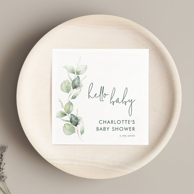 Papper för Eucalyptus Script Baby Shower för vatte Pappersservett (Watercolor Eucalyptus Modern Script Baby Shower Paper Napkin)