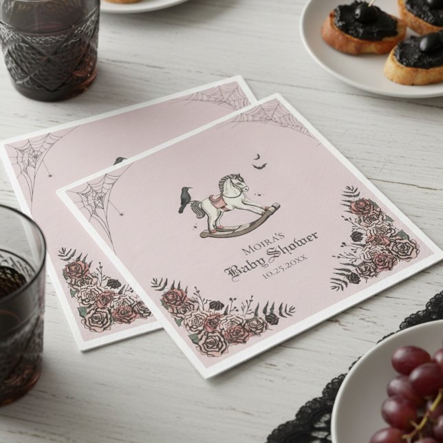 Papper för Gothic  Rosa Rocking Horse Baby Shower Pappersservett (Blush Pink Gothic Baby Shower Paper Napkins. Vintage Floral Rocking Horse, Black Raven, Pink Roses)