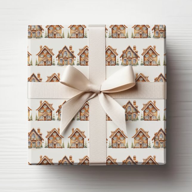 Papper för inkapsling av bröd presentpapper (Vintage Watercolor Gingerbread House Wrapping Paper by Painted Paperie
)
