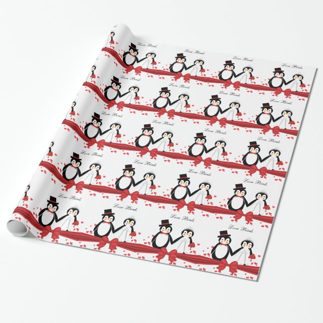Papper för inkapsling av Cute Penguins Bride & Gro Presentpapper (Utrullad)