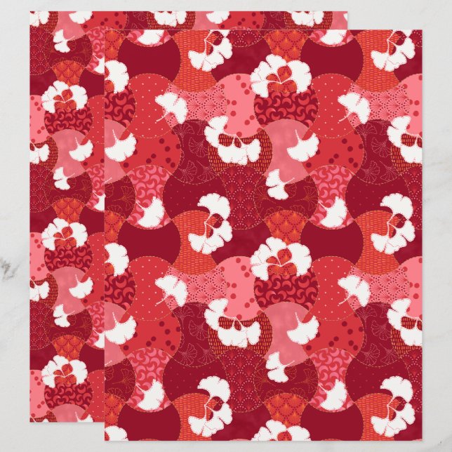 Papper för japansk Kimono Mönster Red Ginkgo Scrap (Fram/baksida)