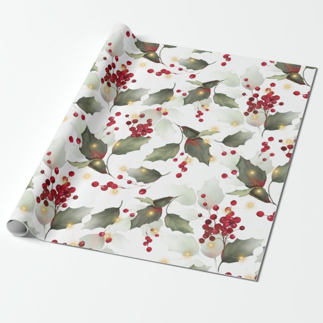 Papper för Jul Holly Light Garland Wrapping Presentpapper (Utrullad)