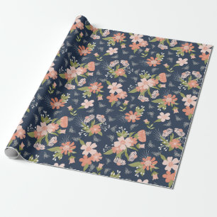 Papper för marin blå och Blommigt och radbrytning Presentpapper