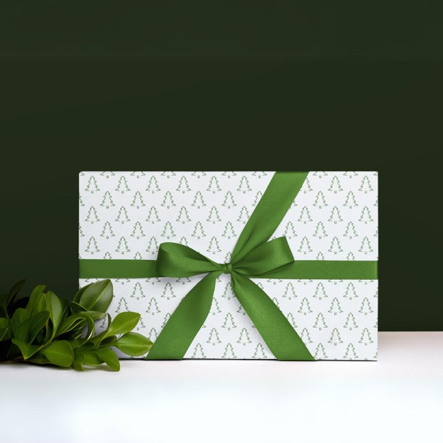 Papper för minimalistisk Wrapping-verksamhet i Jul Presentpapper (Green Christmas tree on snowy white wrapping paper)