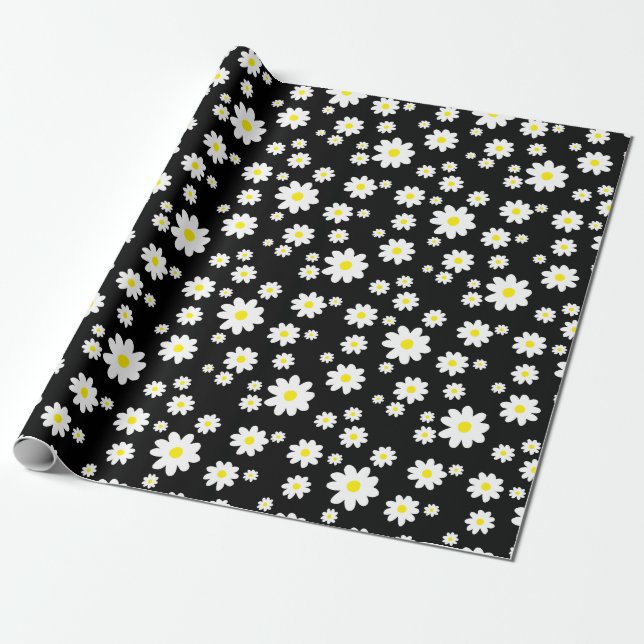 Papper för omslagning av Cute Black Daisy Mönster Presentpapper (Utrullad)