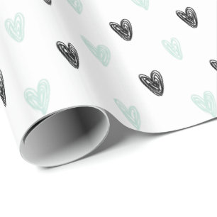 Papper för omslagning av Mint & Black Hearts Doodl Presentpapper