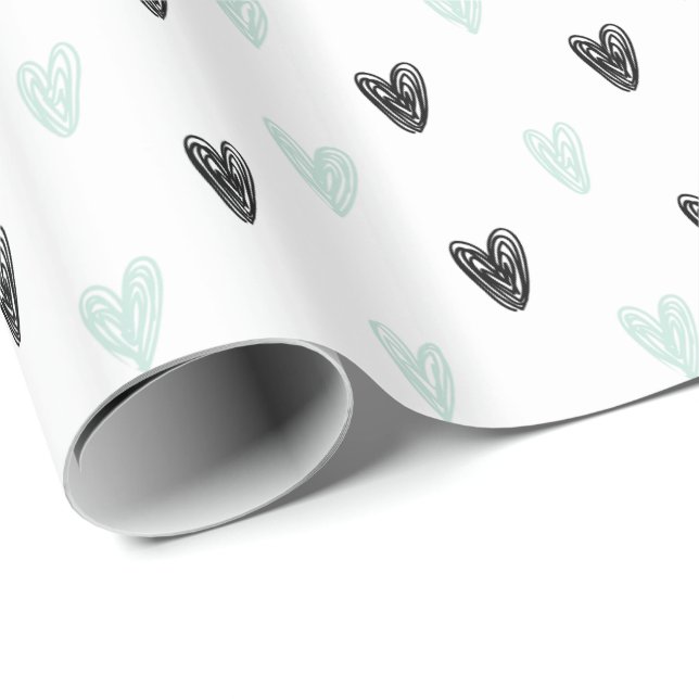Papper för omslagning av Mint & Black Hearts Doodl Presentpapper (Rullad Hörn)
