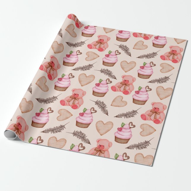 Papper för omslagning av nalle Mönster Presentpapper (Utrullad)